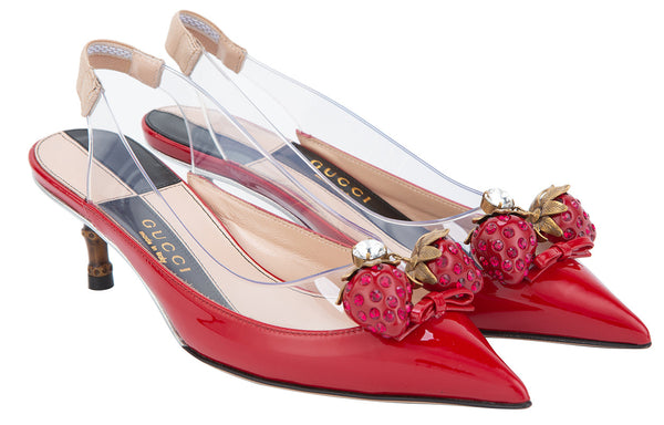 Сандалии large strawberry logo mid-top fashion high heels red sandals Gucci, красный — фото 3