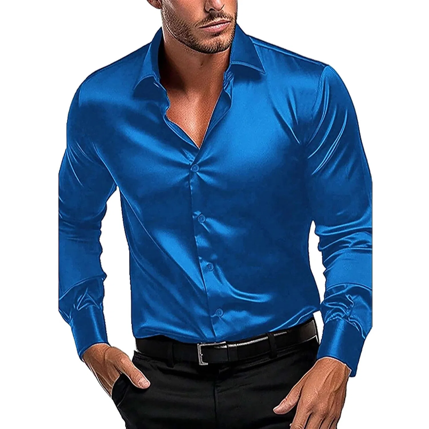 Мужская рубашка с длинным рукавом из шелка с добавлением эластана, Blue