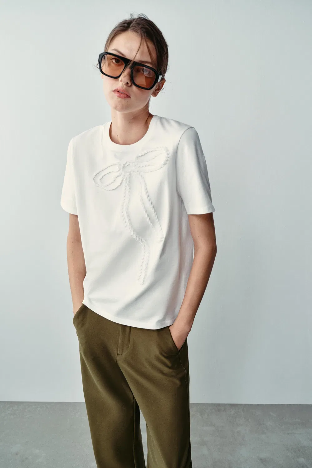 Футболка с бантом ZARA, Oyster-white — фото 3