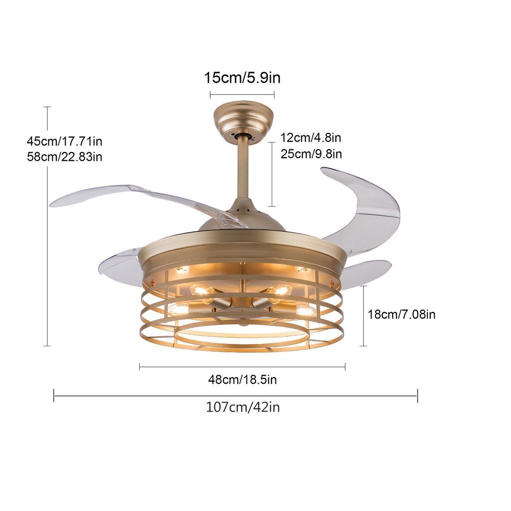 

42-дюймовый выдвижной потолочный вентилятор и клетка потолочного светильника, тихий воздухоохладитель с дистанционным управлением с таймером GreatDEshop2021, золото