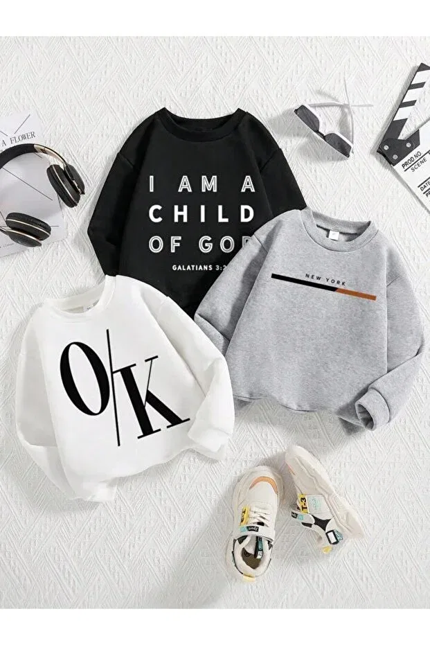 Детские свитшот с принтом для мальчиков 3 шт Morning Kids, Black-Grey-White