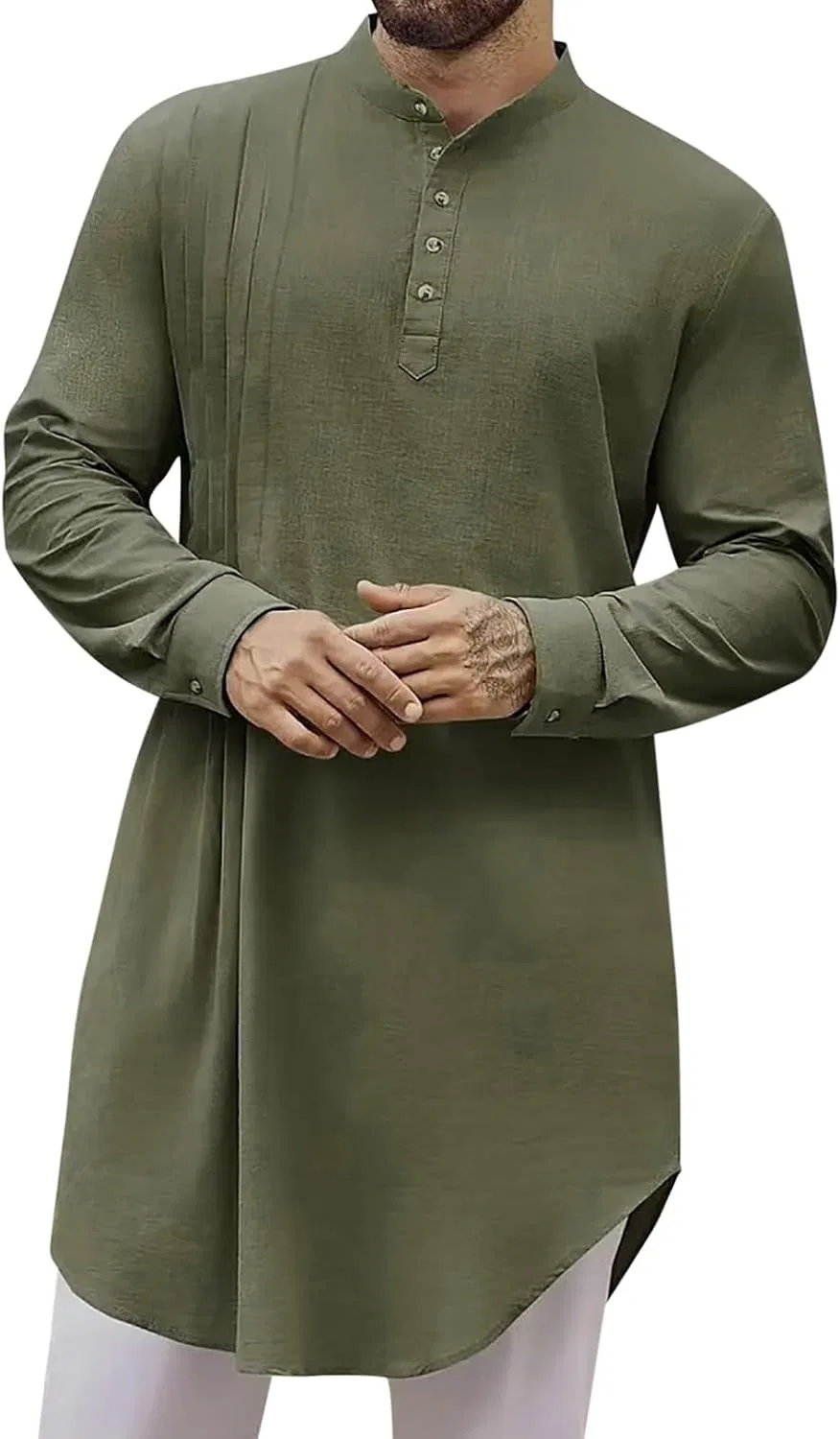 Мужская рубашка-туника с длинным рукавом, Stand Collar Pleated, зелёный