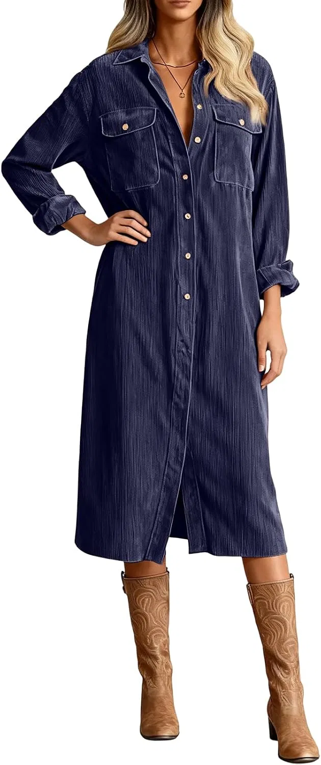 Женское платье из вельвета A-line с длинным рукавом, Navy Blue