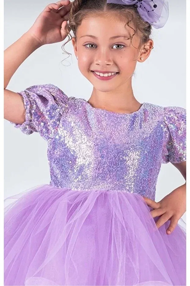 Детское платье для девочек с пайетками Kuromi purple sequined fluffy dress wedding dress costume + 2pcs purple bubble hair set 3B Kids, Purple — фото 3