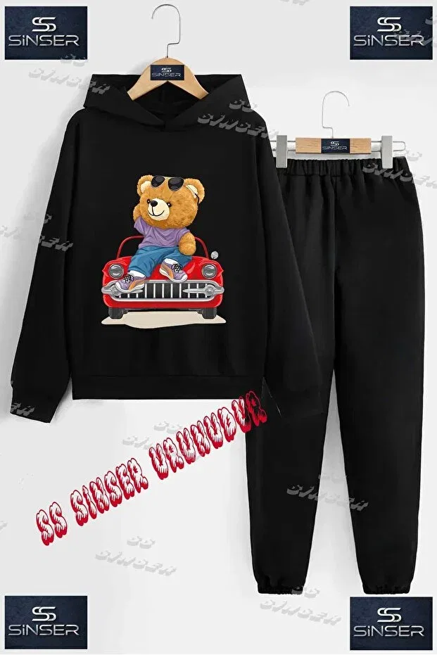 Детский комплект из свитшота и брюк с принтом Bear On Red Car Ss Sinser, Black
