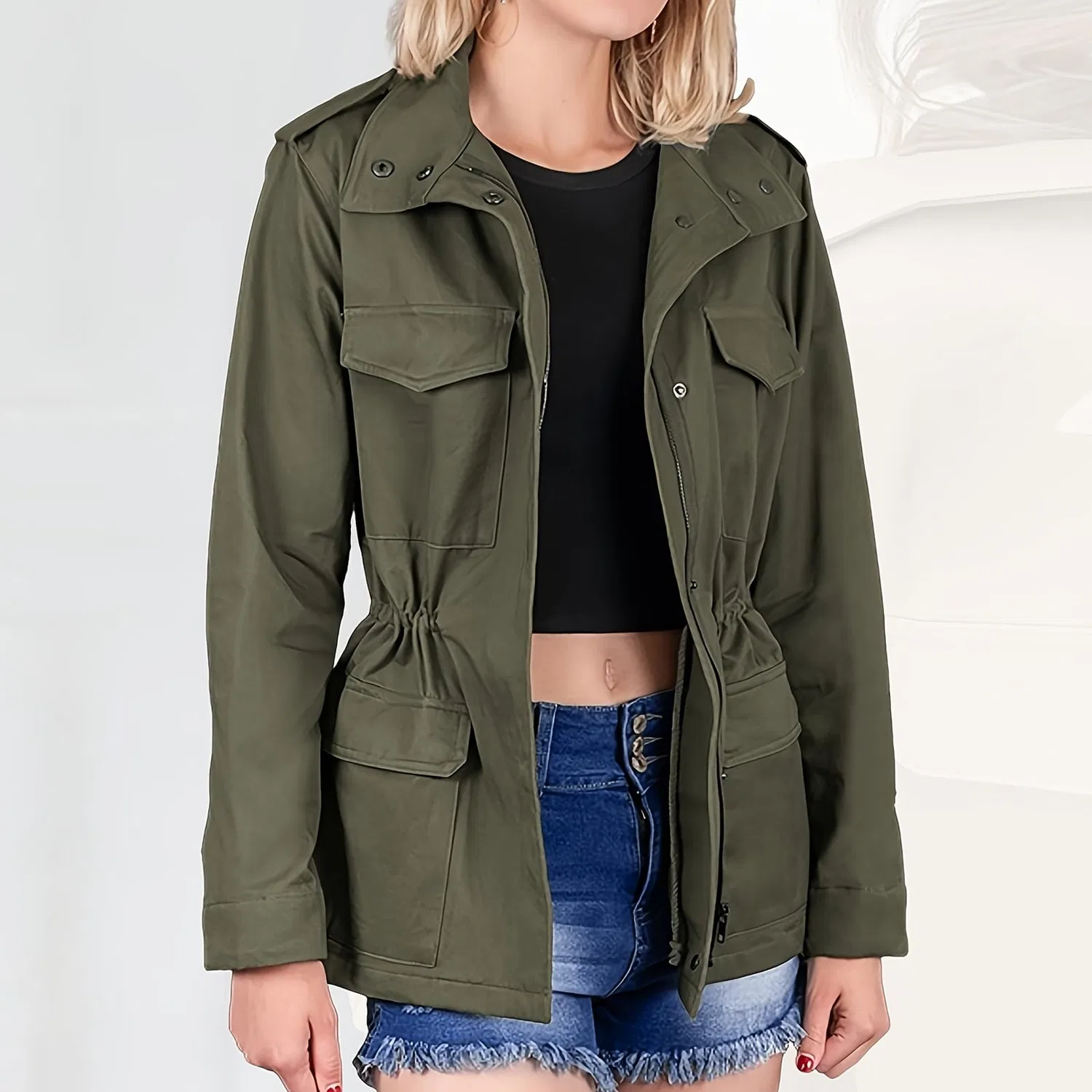 Женское пальто с высоким воротником на молнии, камуфляжное, бомбер, army green — фото 3
