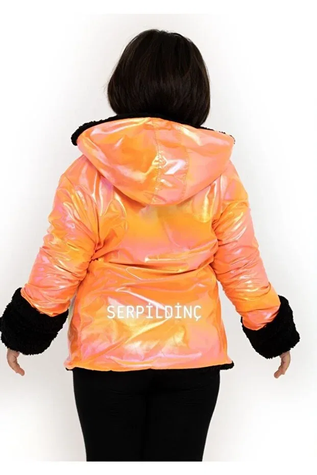 Детское пальто для девочек двустороннее с голограммой Серпилдынч, Neon Orange Serpildinc — фото 3