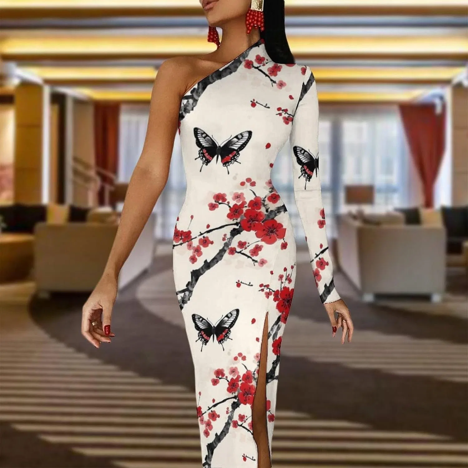 Женское коктейльное платье с одним плечом, длинным рукавом и разрезом, Bodycon, Style — фото 2