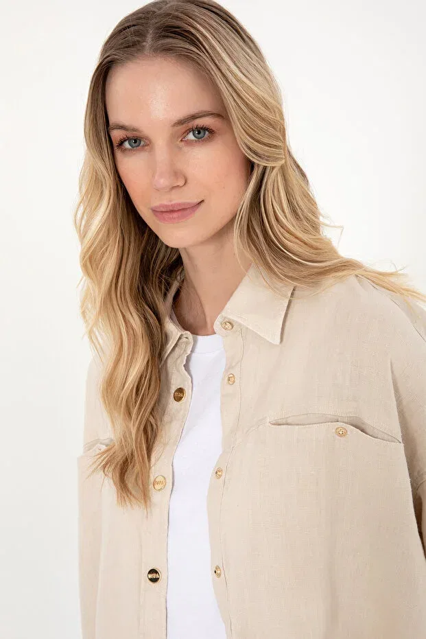 Женская льняная туника с длинным рукавом U.S. Polo Assn., Stone — фото 2