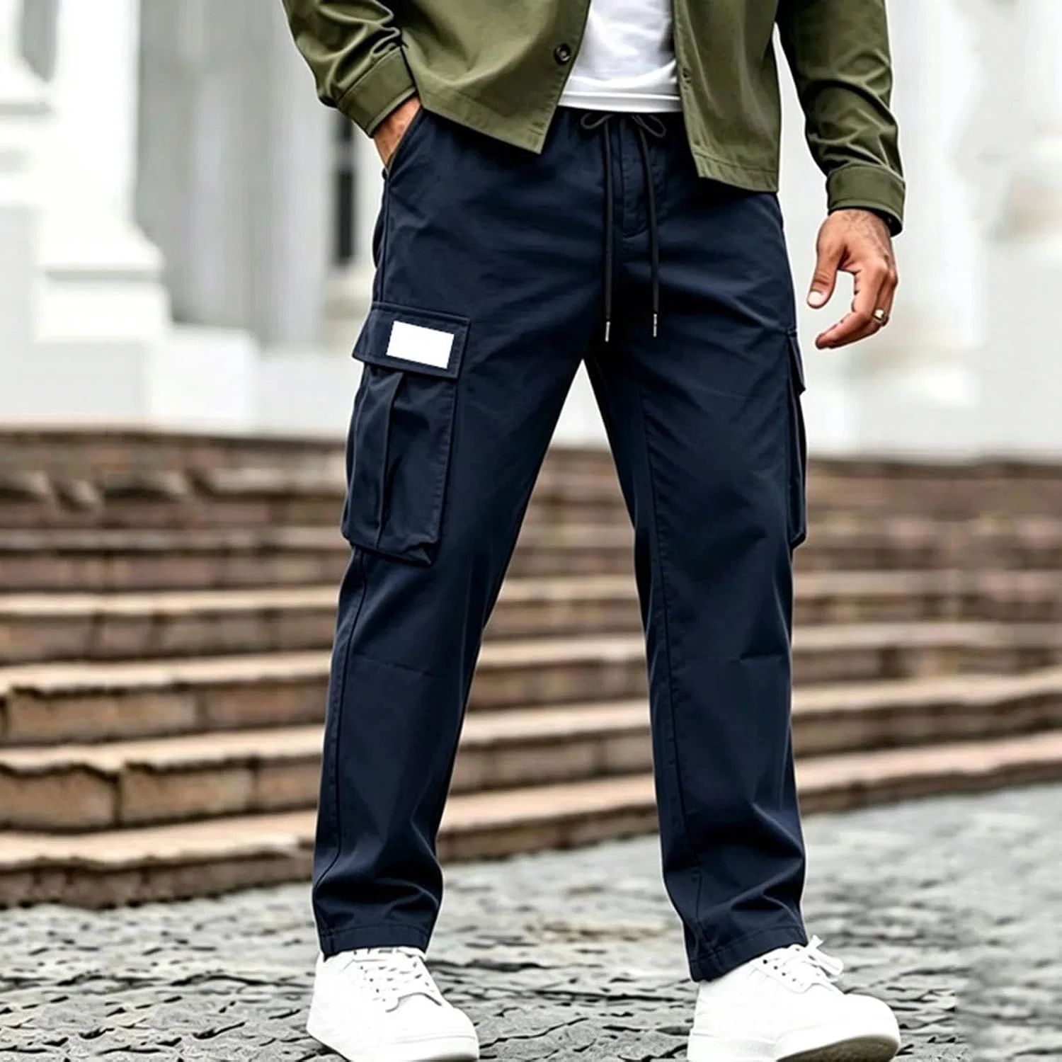 Мужские карго-брюки с завязкой на поясе, Cargo Pants, тёмно-синий — фото 2