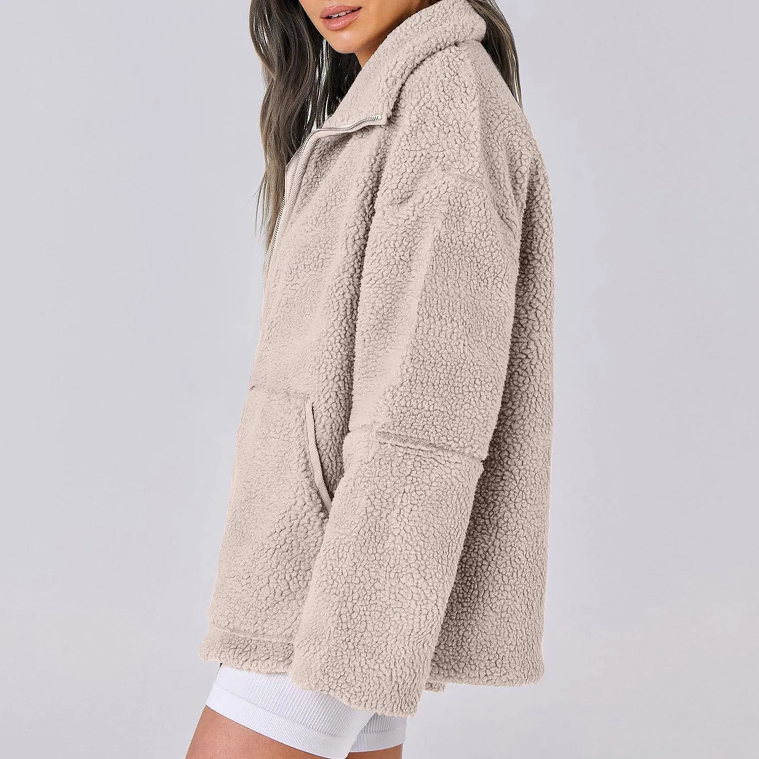 Женская куртка из флиса с молнией и воротником-шалью, Beige — фото 3
