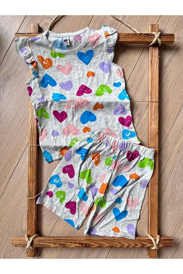 Детский комплект шорт для девочек с принтом Heart Patterned Shorts Girl's Summer Set Bebtaş, Colored