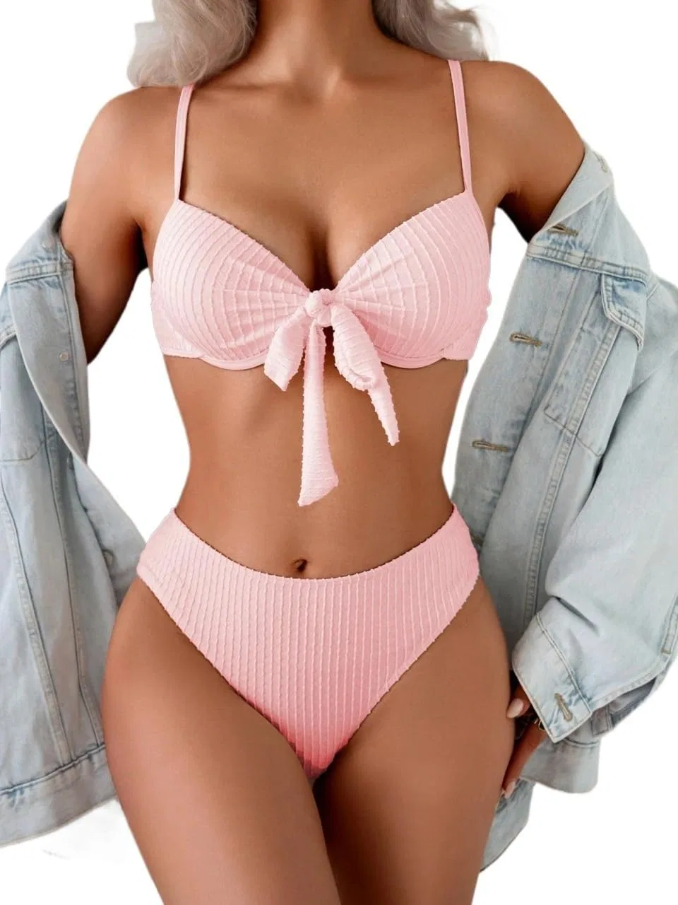 Женский бикини-сет с завязками на высокой талии, Baby Pink