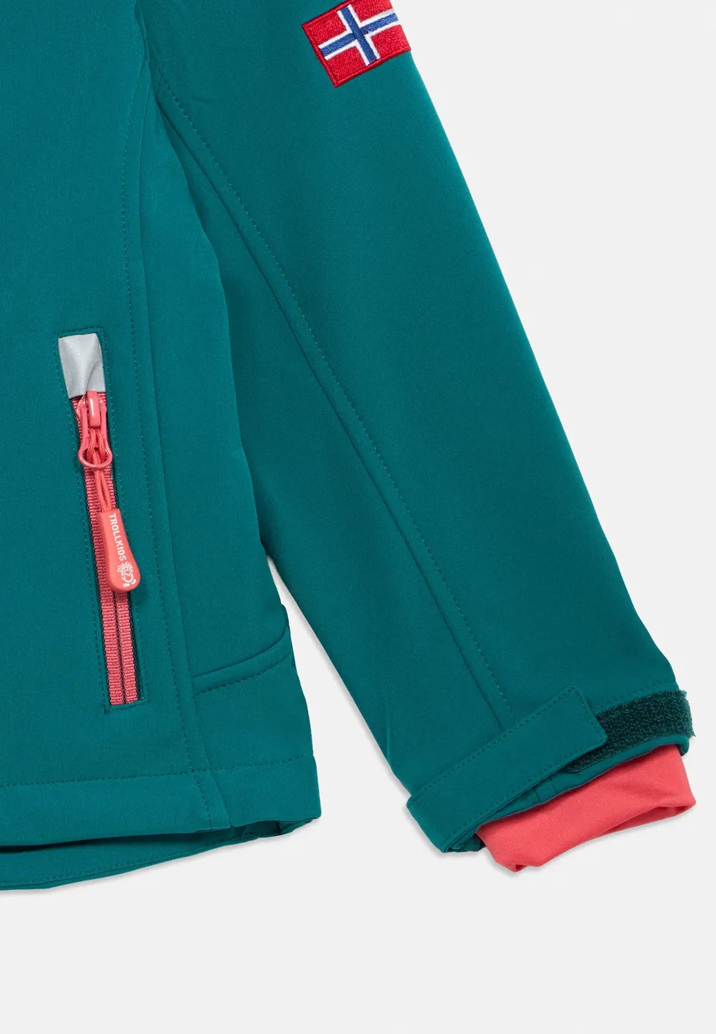 Куртка «Троллфьорд» для девочек - куртка из софтшелла Trollkids, Ocean Green/Coral Pink/Midnight Petrol — фото 4