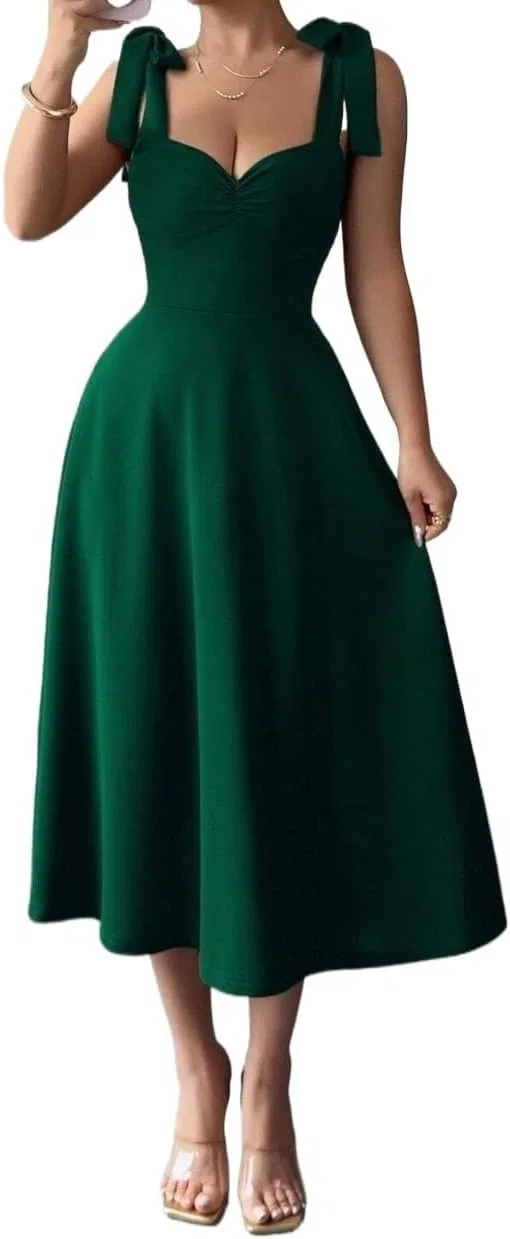 Женское элегантное платье миди на бретелях, Dark Green