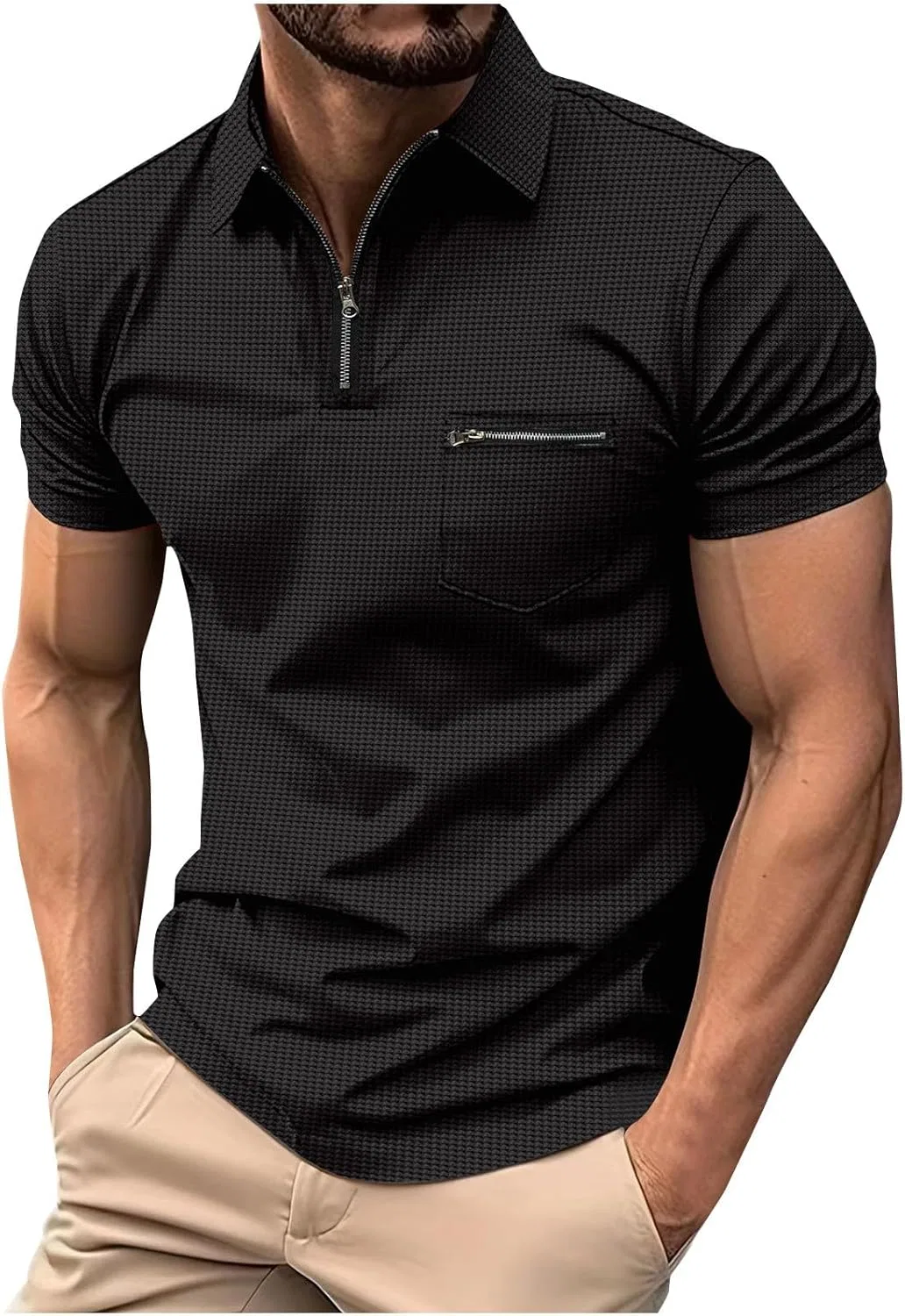 Мужская футболка с четверть-застежкой и вафельной текстурой Golf Shirts, Black