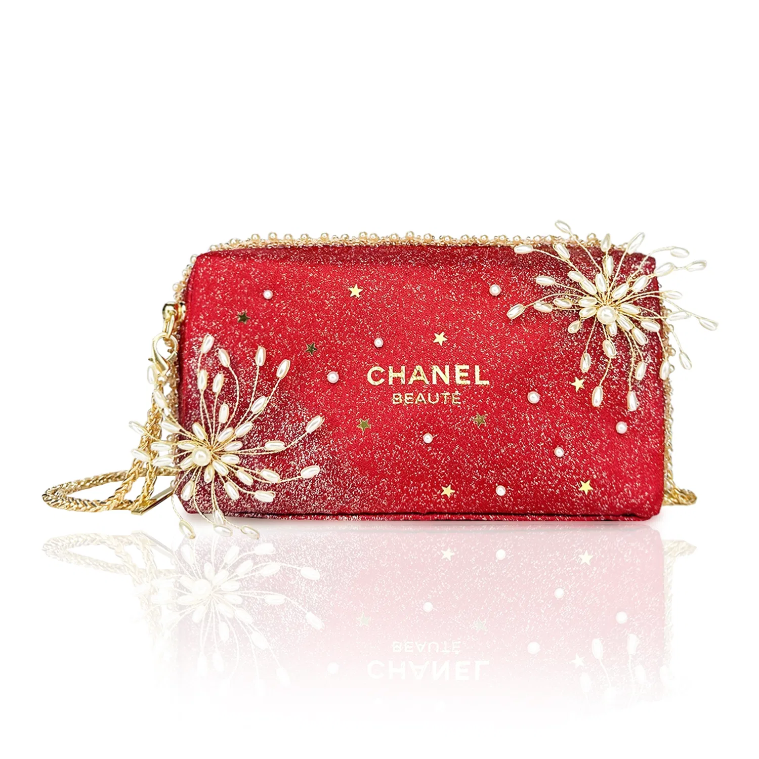 Косметичка с перламутровыми бусинами и цепочкой, CHANEL, Красная