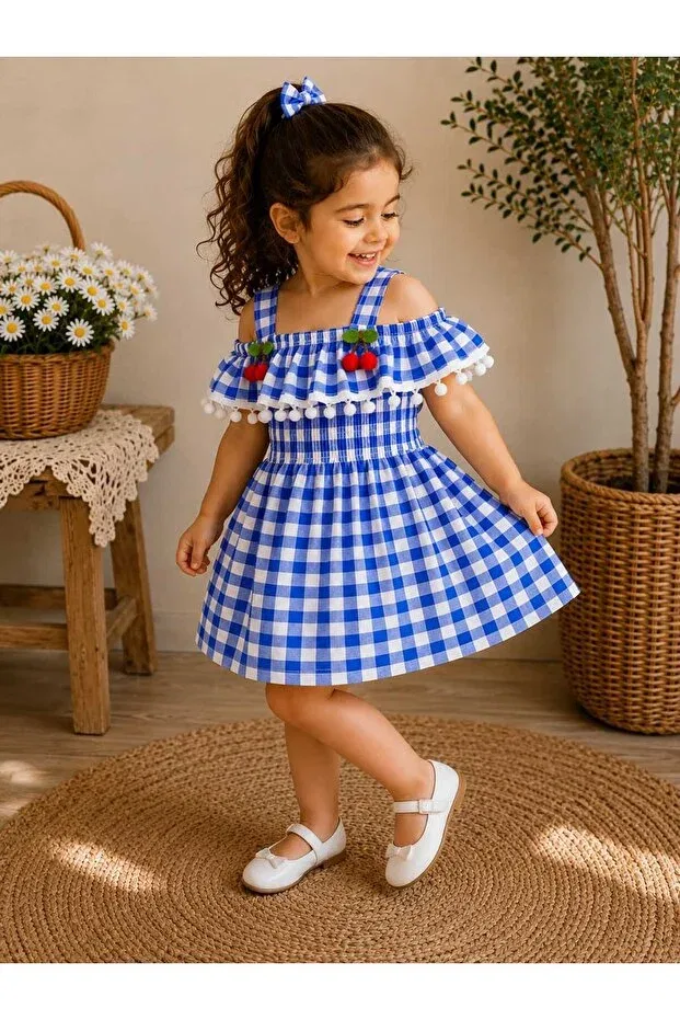 Детское платье для девочек хлопковое Pompom Gingham Krm Kerem Bebe, Blue — фото 2