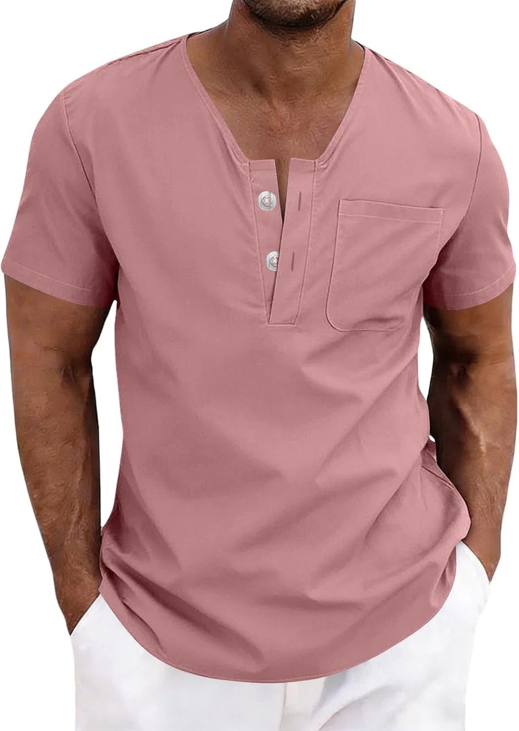 Мужская свободная футболка-поло Henley с коротким рукавом, Pink