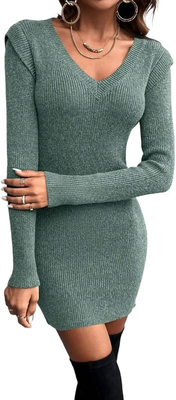 Женское платье-свитер V-образным вырезом Casual, Olive Green — фото 2