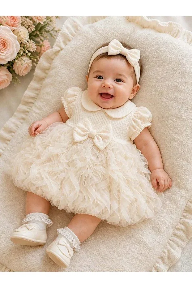 Детское платье с воротником и бантом Gültekin Bebe, Cream