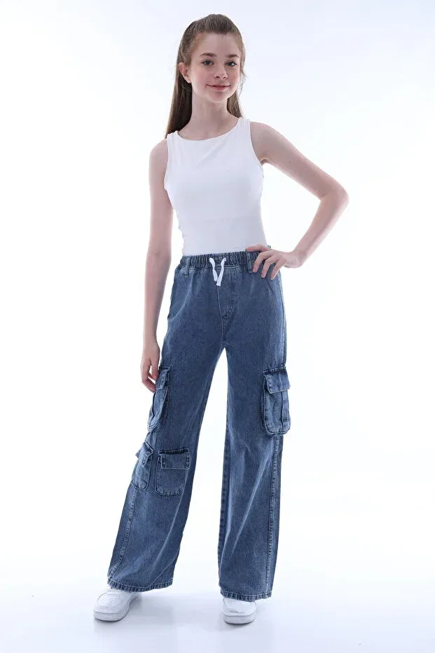 Детские джинсы для девочек с широкой штаниной Asortik Kids, Dark Blue — фото 2
