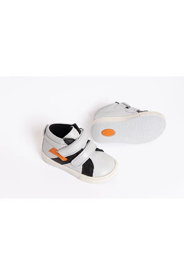 Детские ботинки для девочек на липучке 100% real leather first step baby shoes Hello Little Tiny, Orange-Black-Gray — фото 4