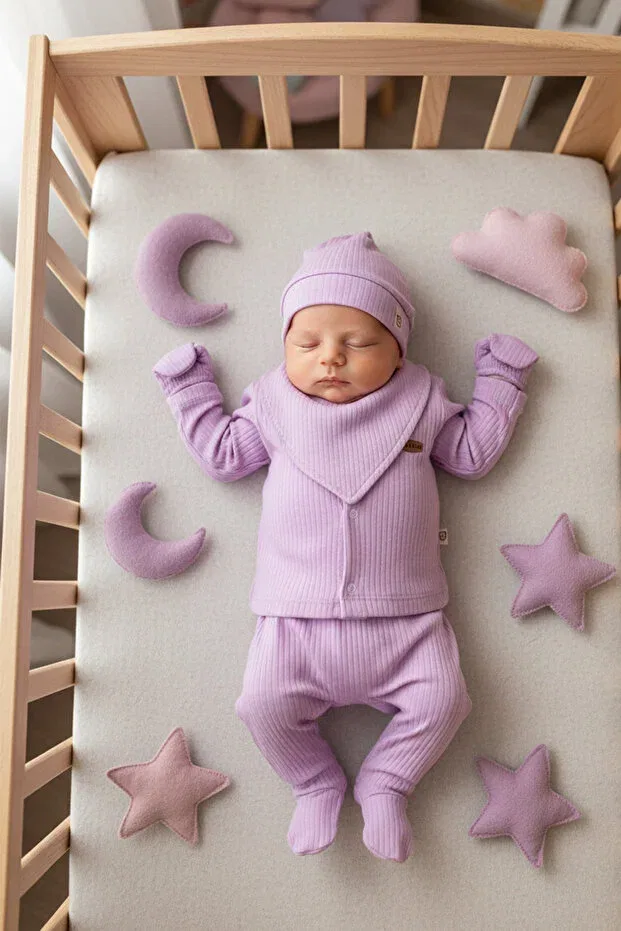 Детский комплект для выписки из роддома хлопковый Lavender garden lilac 5-piece newborn baby hospital discharge set Mahfel, Lilac — фото 3
