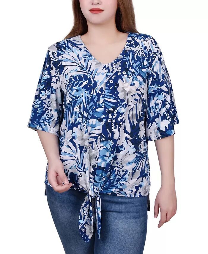 

Топ Petite с рукавами до локтя и завязкой спереди NY Collection, синий