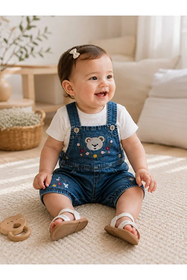 Детский джинсовый полукомбинезон с вышивкой медведя Basics Maxi Idol, Denim Blue