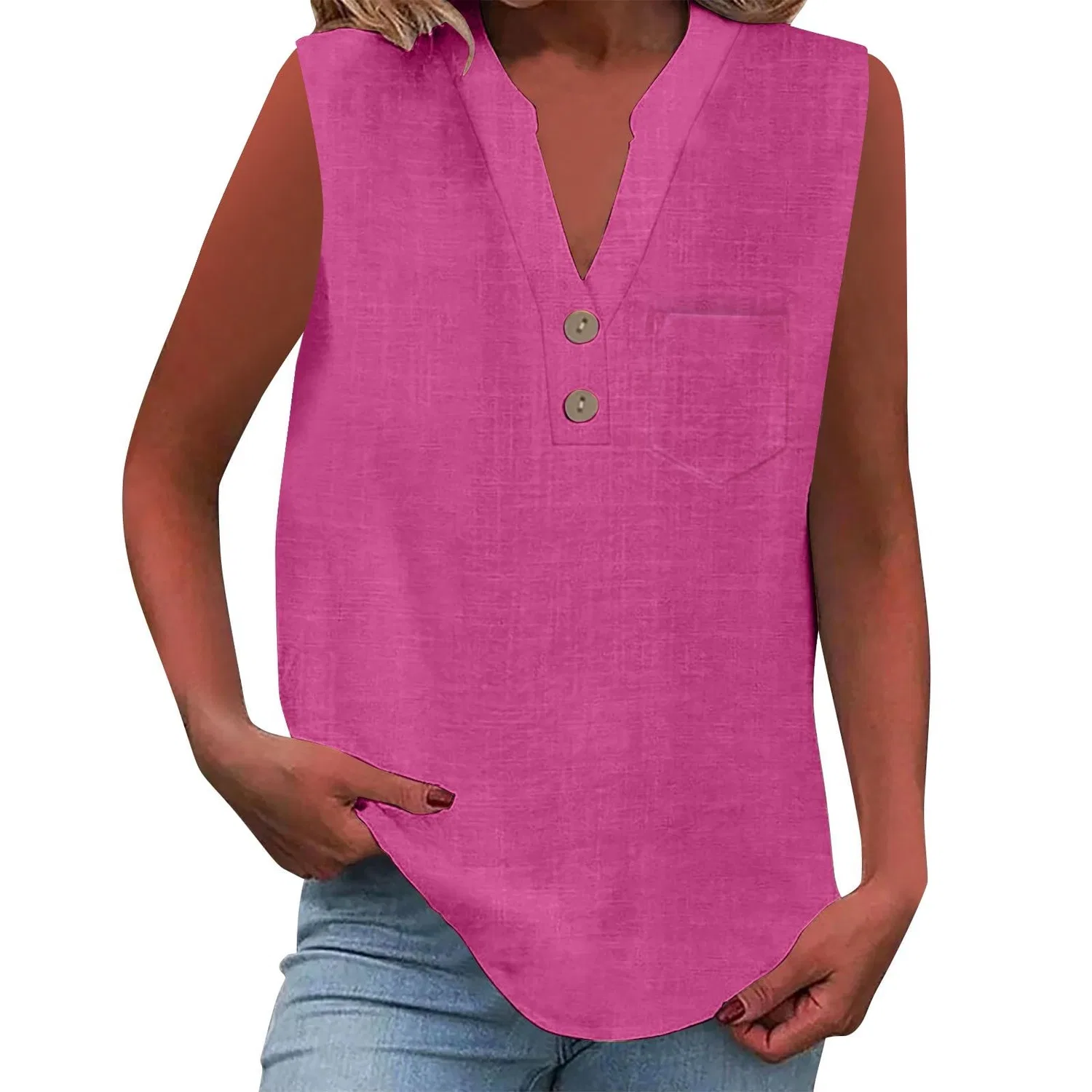 Женская хлопковая майка без рукавов с V-образным вырезом, Hot Pink