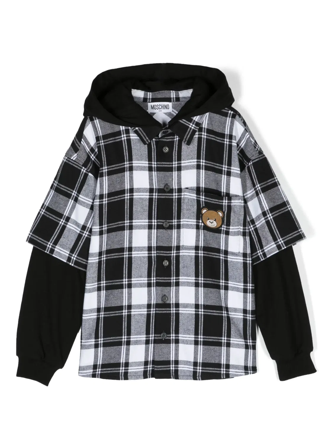 Сорочка с капюшоном в клетку и патчем медвежонка Moschino, черный
