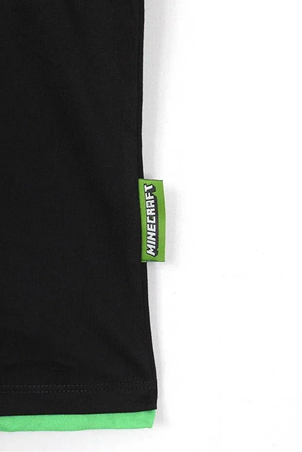 Детская футболка для девочек с принтом Minecraft Creeper 3d Printed Boy's T-Shirt With Piping Detail Dobakids, Black — фото 3