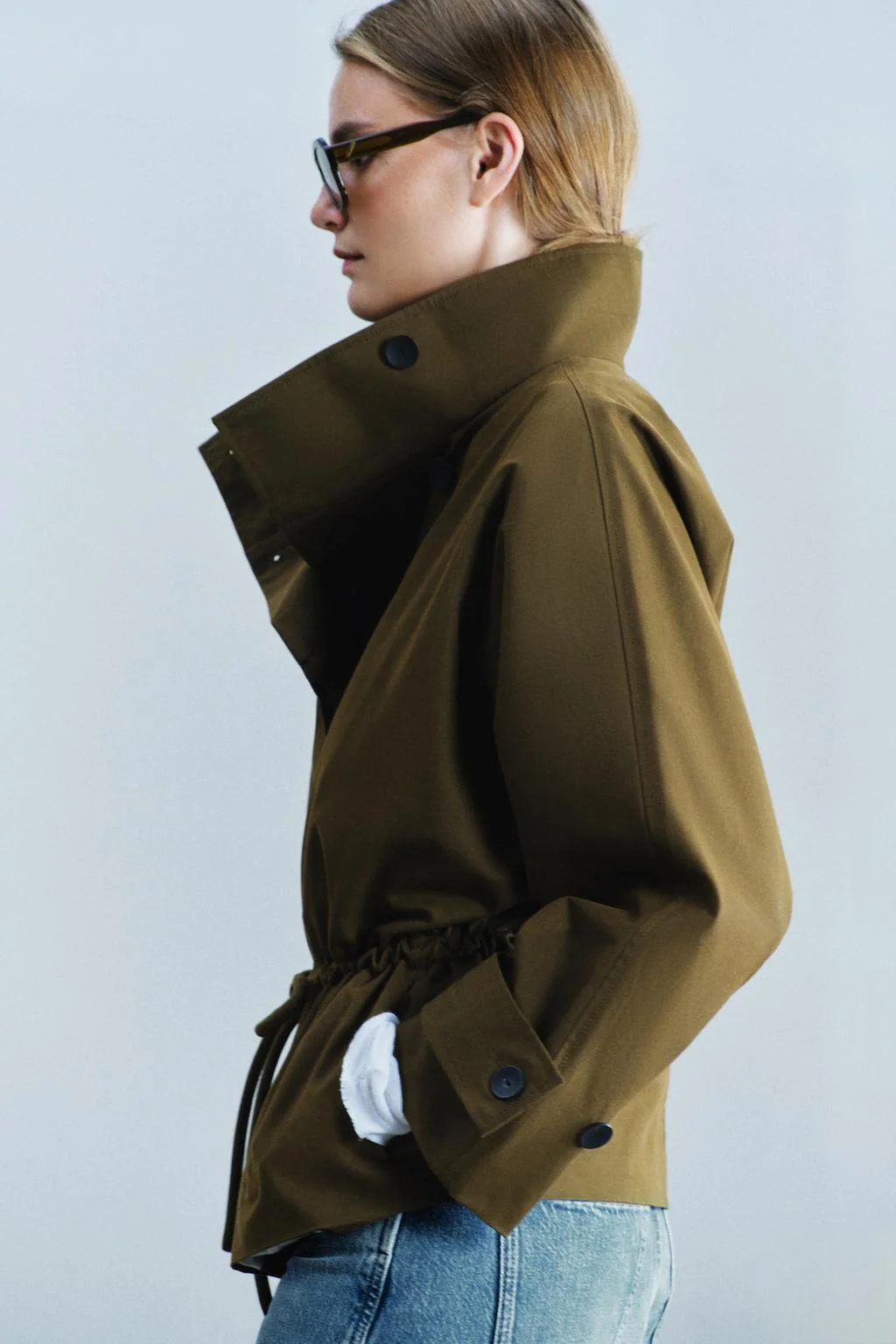 Тренч Zara укороченный оверсайз, оливковый — фото 4