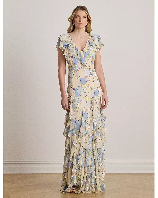 Женское платье с принтом Floral Ruffle Trim Georgette Gown Ralph Lauren, Blue Multi — фото 2