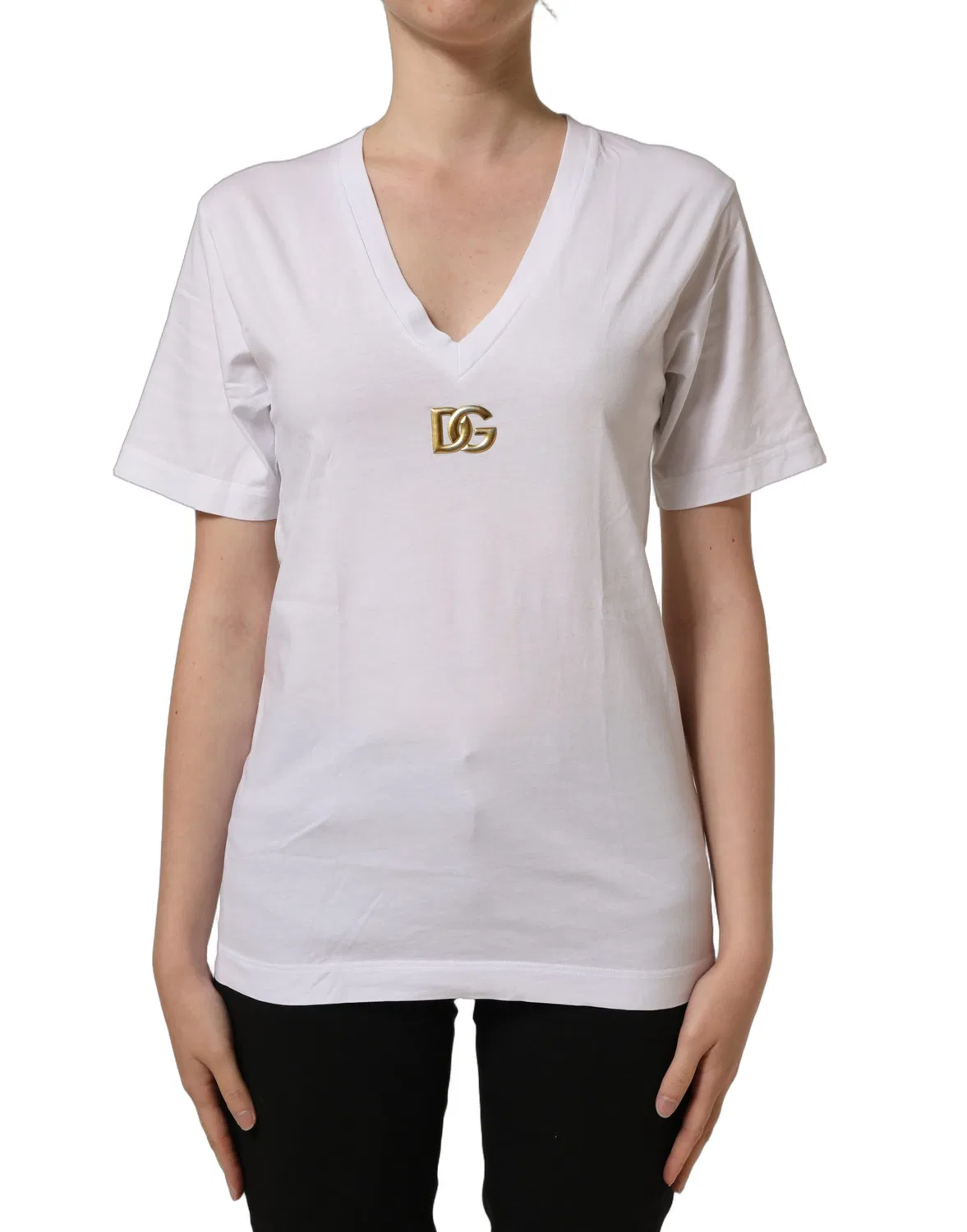 Женская футболка с V-образным вырезом White Cotton Gold DG Logo Dolce & Gabbana, White — фото 4