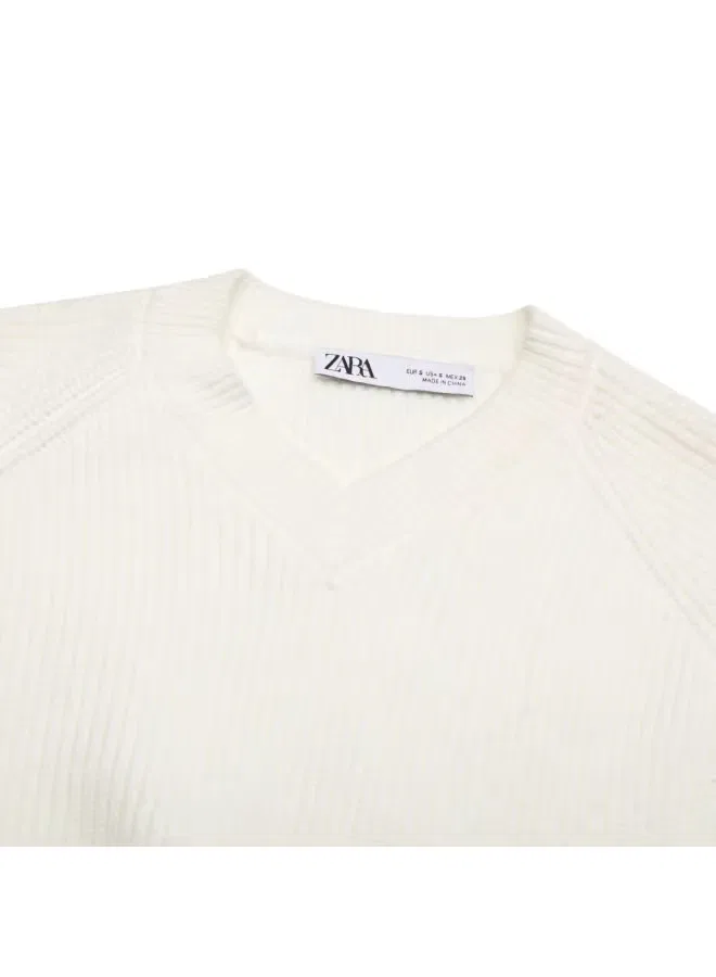 Пуловер вязаный с длинным рукавом с V-образным вырезом Zara, белый — фото 4