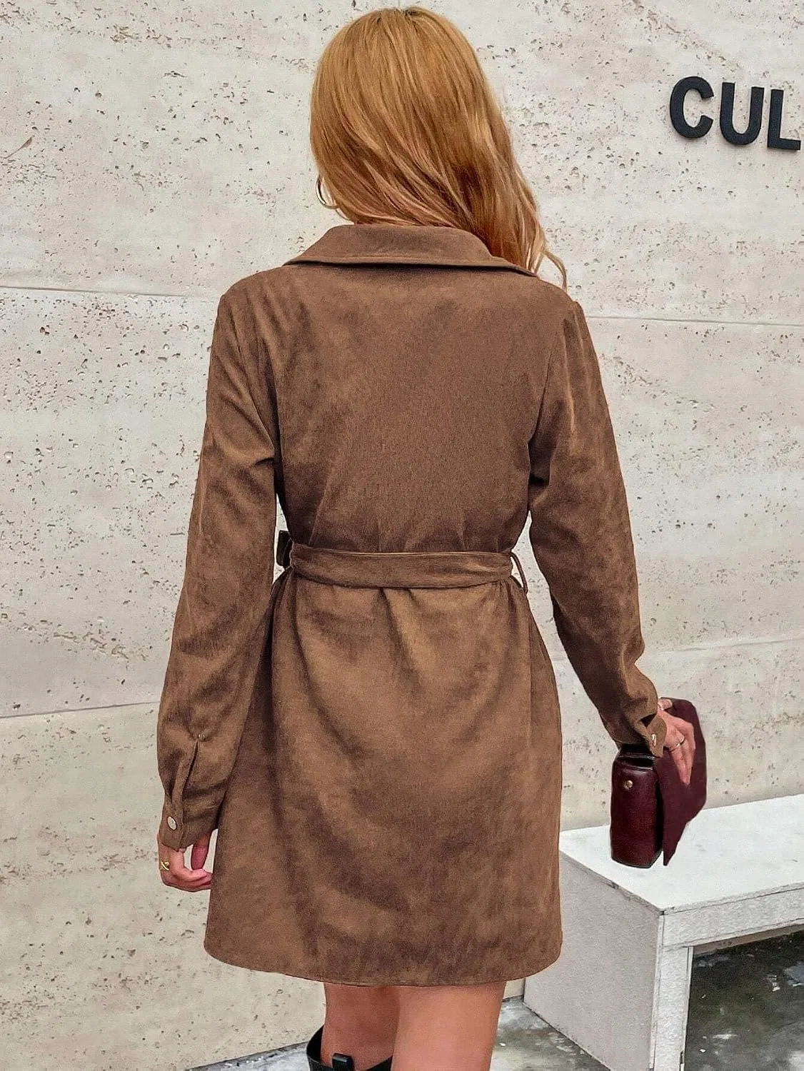 Женское повседневное платье-рубашка с поясом Corduroy, Coffee — фото 2