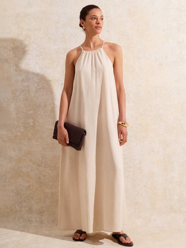 

Льняное платье макси с деталями из экрю и галстуком Ro&Zo