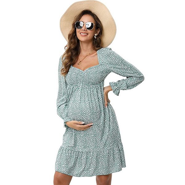 

Женское платье для беременных с рукавами-фонариками, завышенной талией и плиссированной юбкой миди Seoria, Leopard Green Print