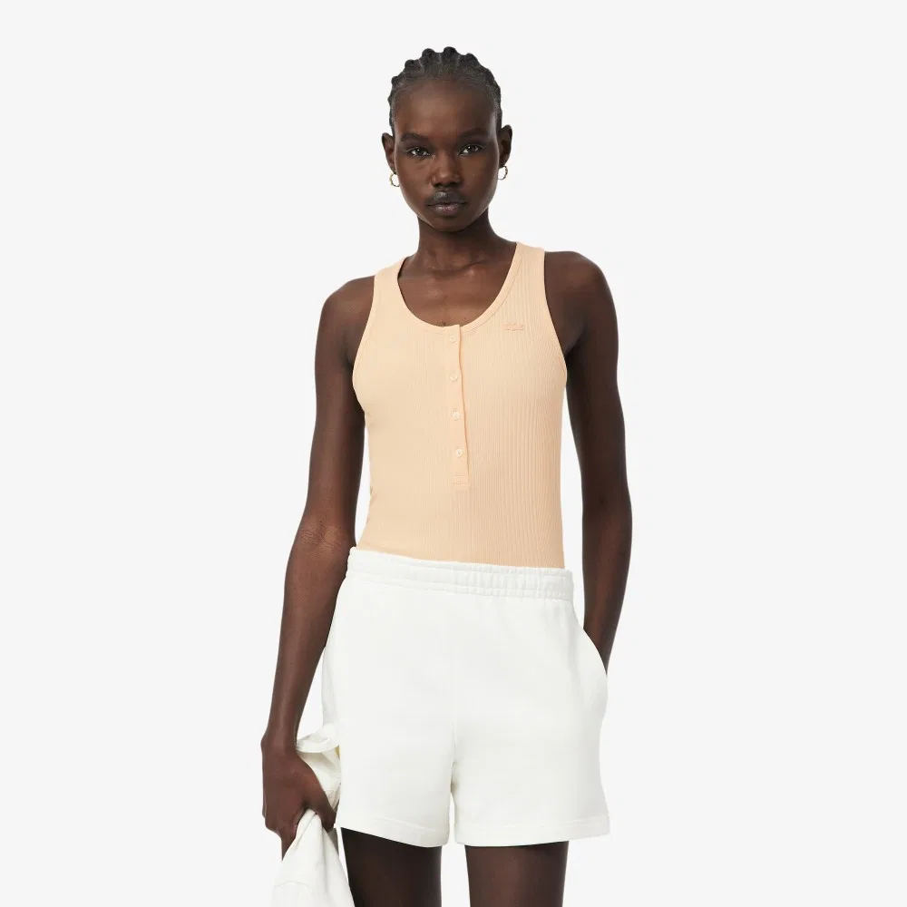 Топ женский Lacoste Henley, без рукавов, рубчик, персиковый