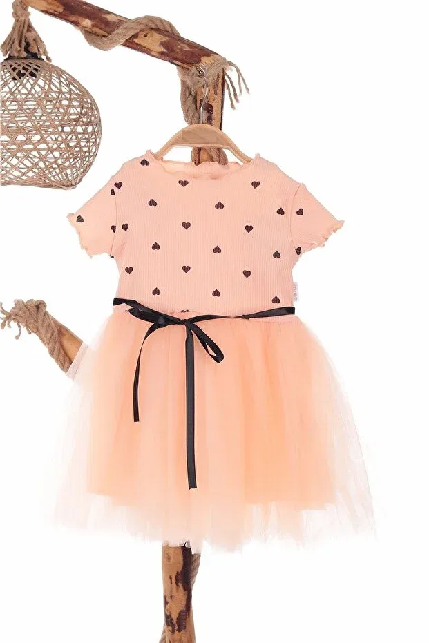 Детское платье для девочек с коротким рукавом Girl'S heart tulle half sleeve dress Bam Bam Giyim, Heart-Salmon