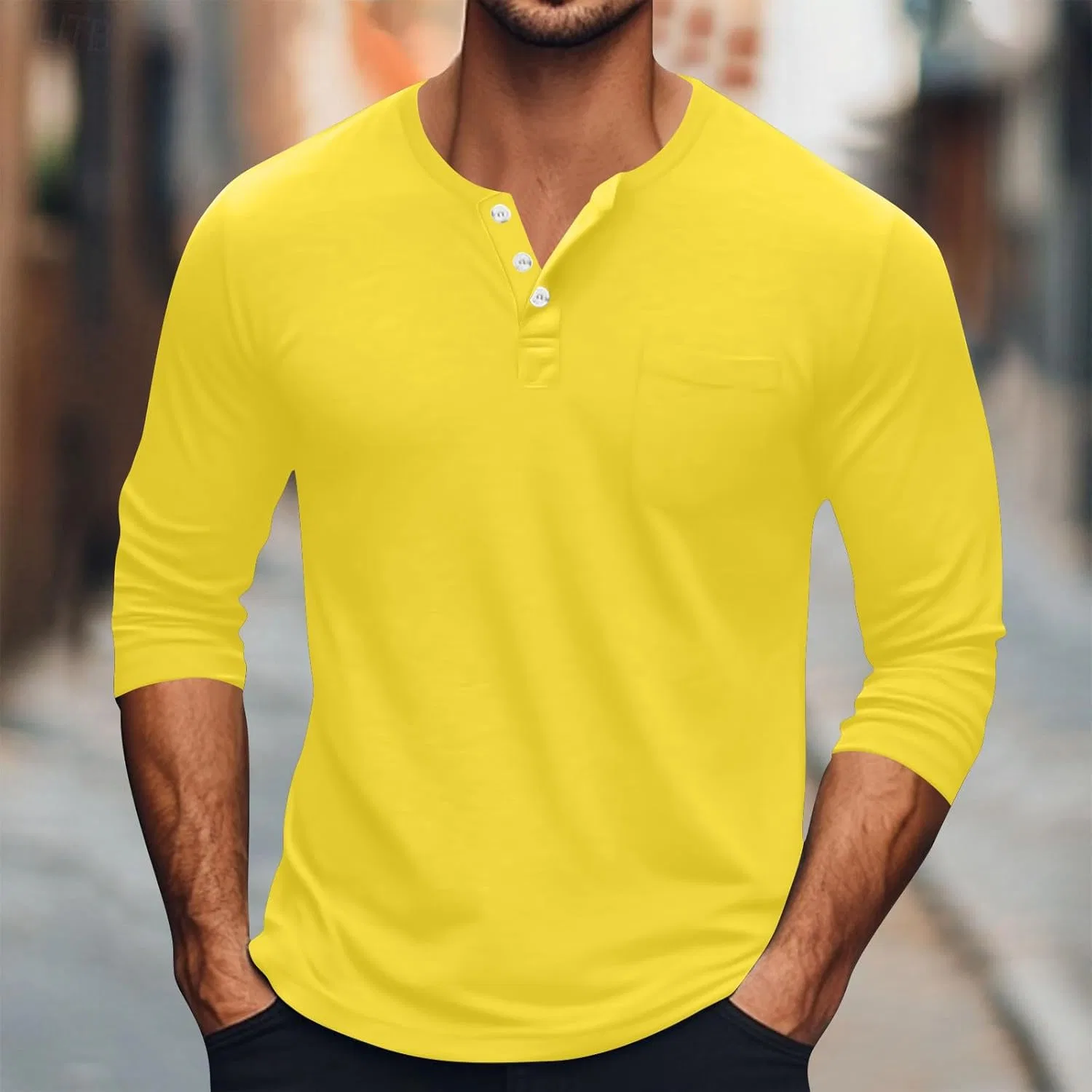 Мужская свободная футболка с длинным рукавом Henley Oversized Lightweight, Yellow — фото 2