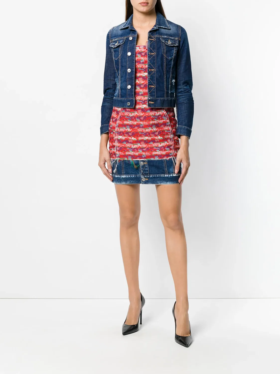 Приталенное платье с джинсовой отделкой по низу Dsquared2, красный — фото 2