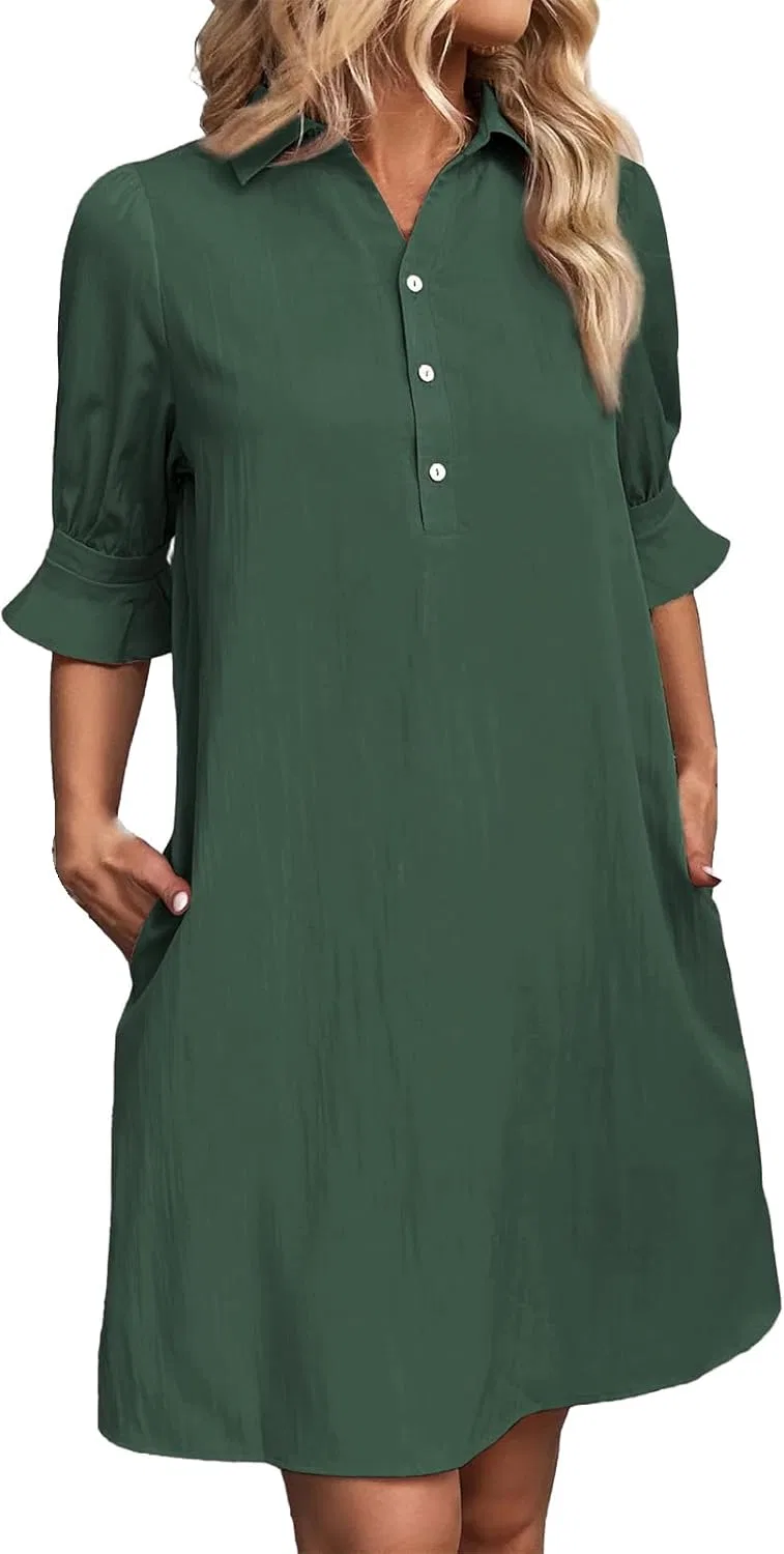 Женское летнее мини-платье с V-образным вырезом и карманами, Dark Green