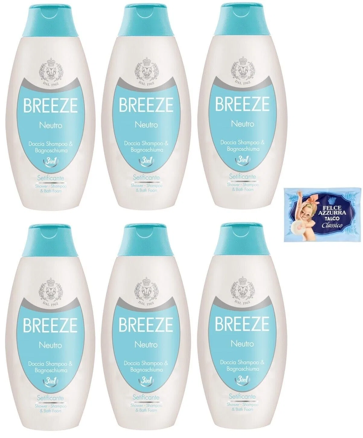 Гель для душа и шампунь 3-в-1 Breeze Neutral, 400 мл, набор 6 шт. + тальк 100 г, Felce Azzurra
