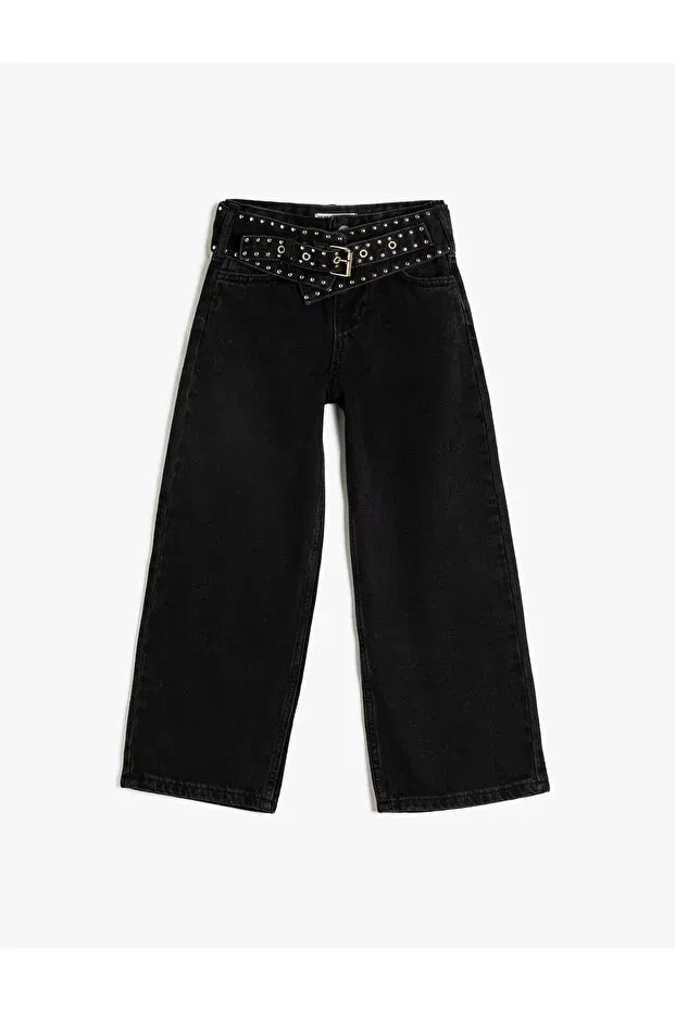 Детские джинсы для девочек широкие с поясом Koton, Black