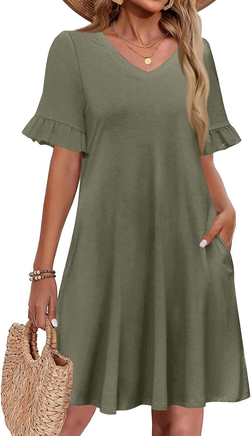 Платье повседневное A-силуэта с V-вырезом, Solid, Army Green