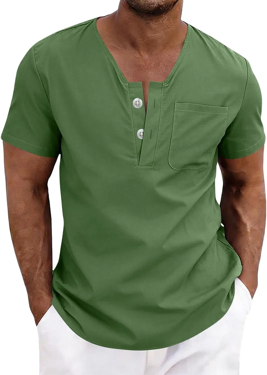 Мужская хлопково-льняная футболка поло Henley, Green