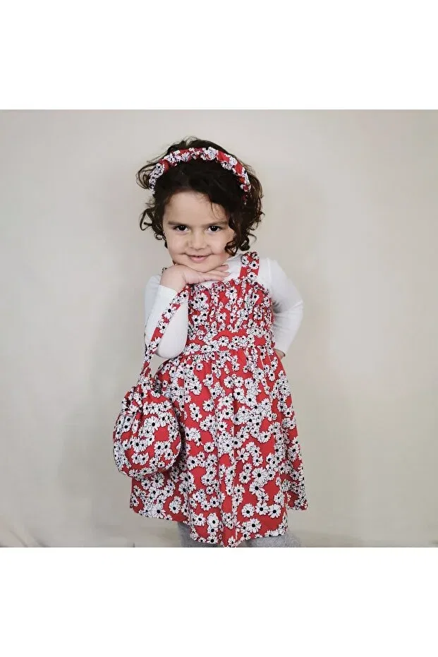 Детское платье для девочек с принтом Çıtı pıtı holiday summer floral patterned girl's dress with bag, bandana and belt Generic Brands, Red — фото 2